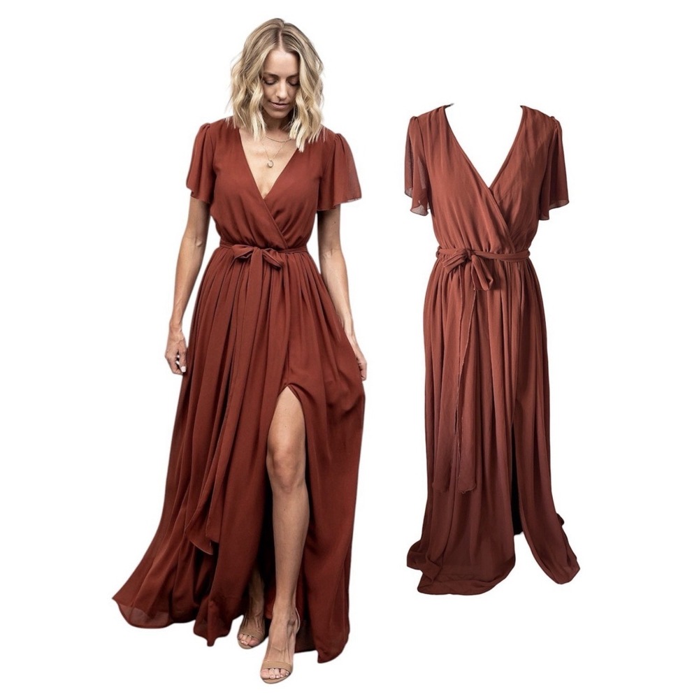 Baltic Born Kristina Maxi Dress With Tie Waist And Front Slits Brown Size large